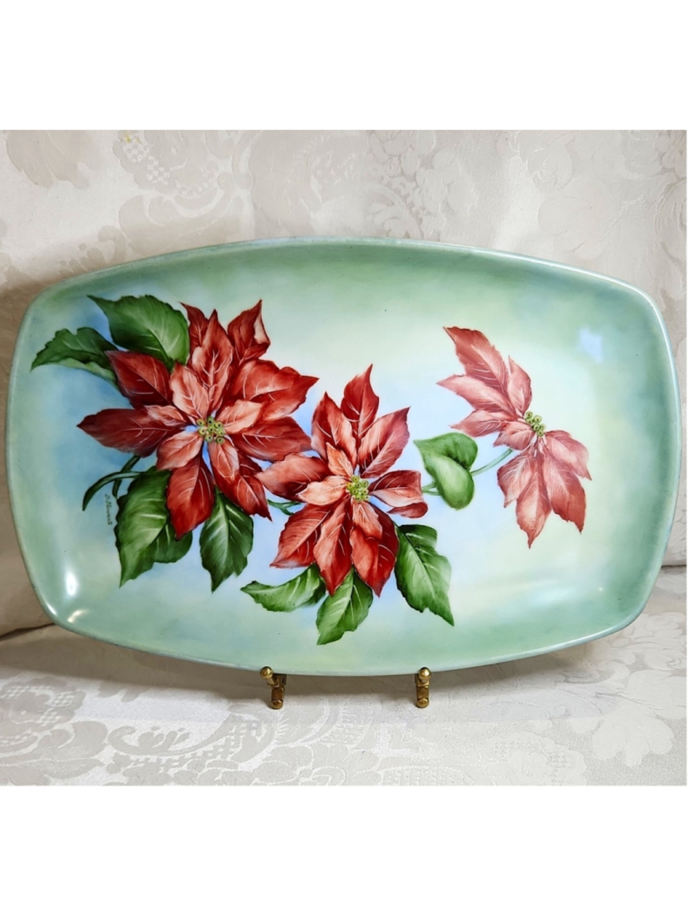 Vtg Hand Painted Poinsettia Platter Tray Signed Glenda Stewart Crawfordville Ga